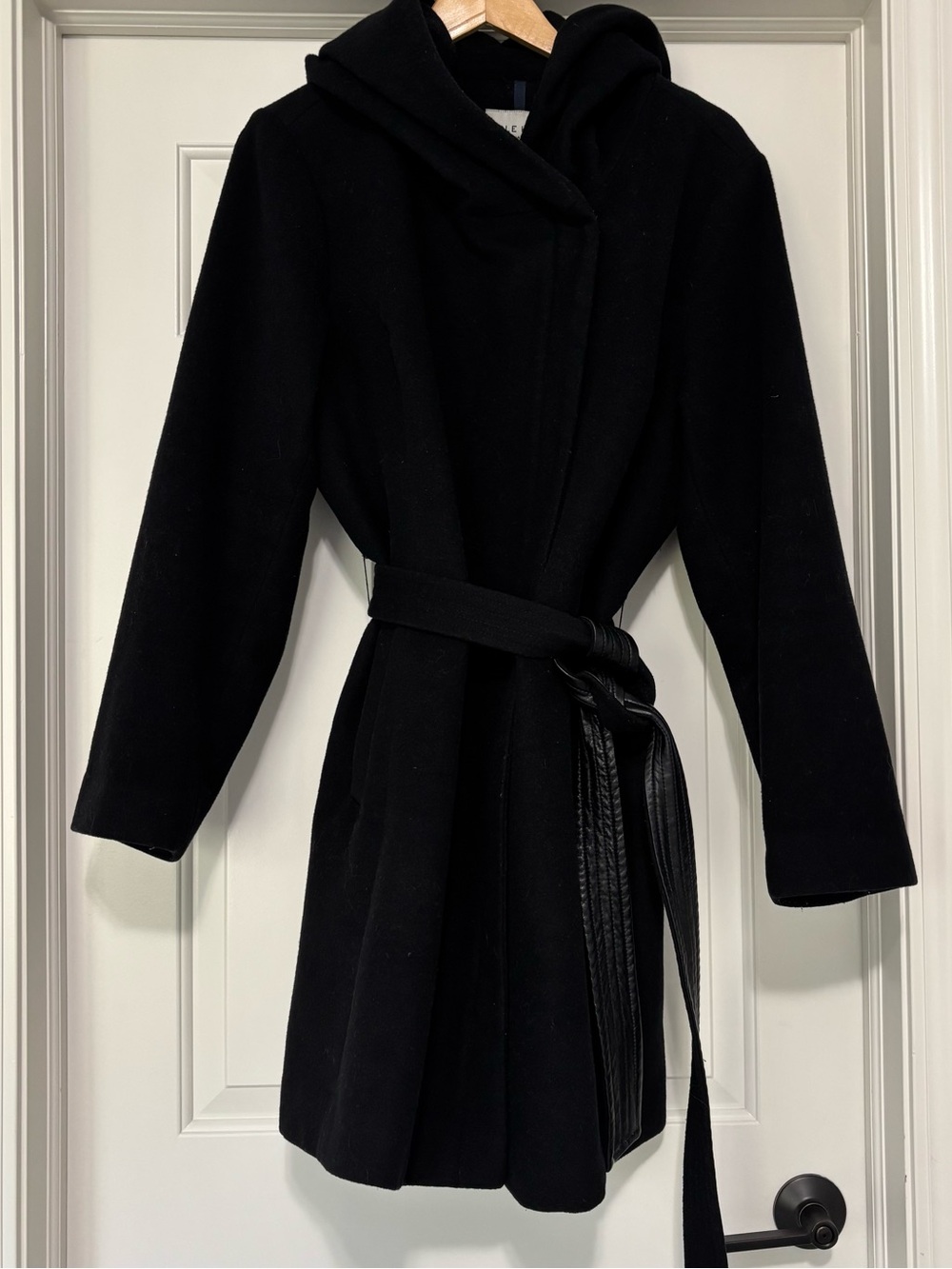 Cole Haan Signature Black Wool Hooded Belted Pea Coat